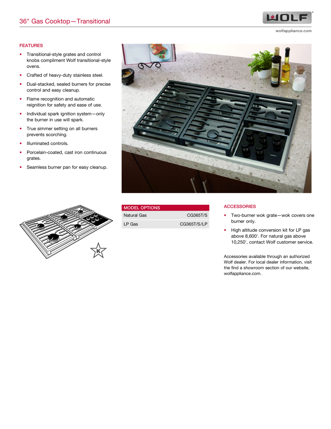Wolf Appliance Company CG365T/S/LP, CG365LP manual Gas Cooktop-Transitional, Features, Model Options, Accessories 