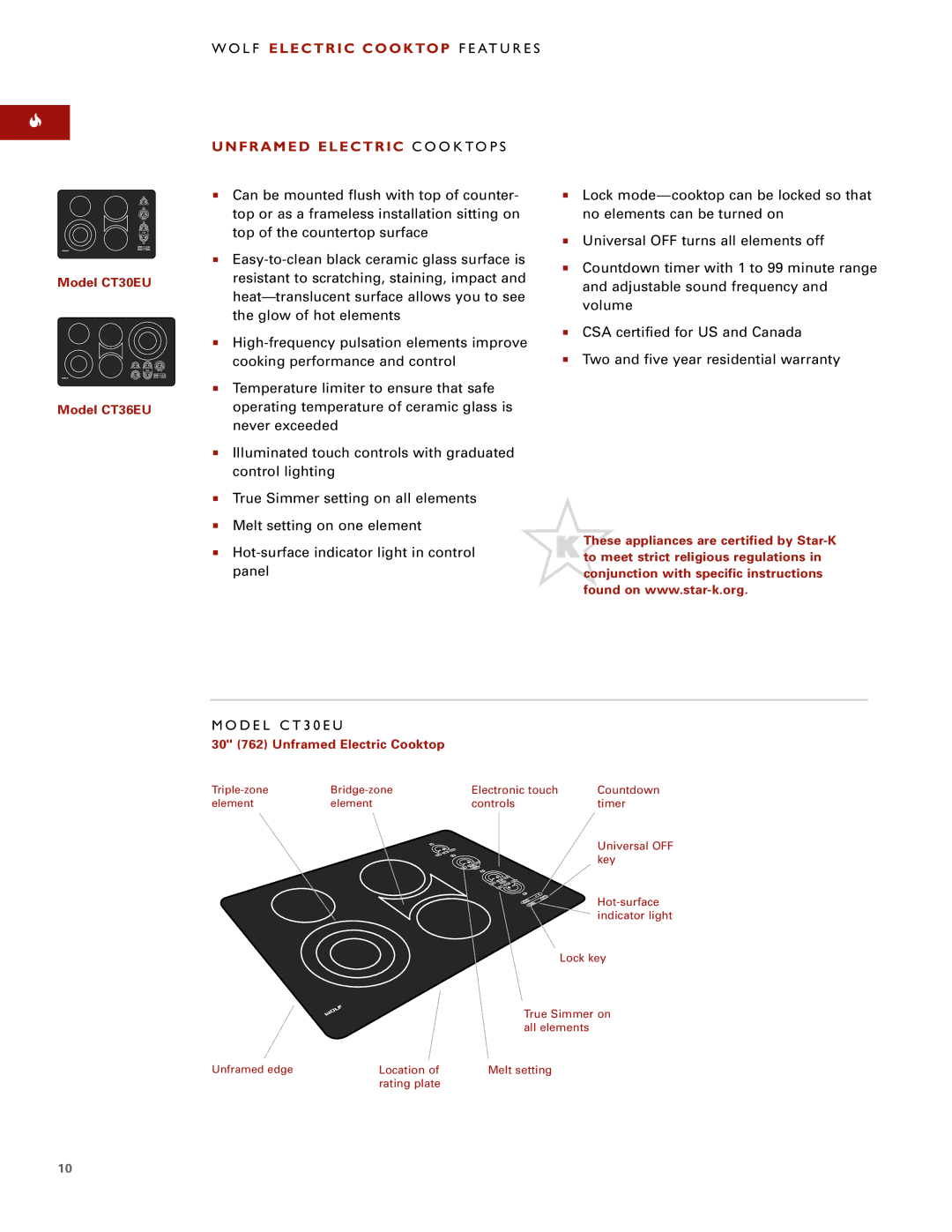 Wolf Appliance Company Unframed Electric C O O K to P S, Model CT30EU, Model CT36EU, 30 762 Unframed Electric Cooktop 