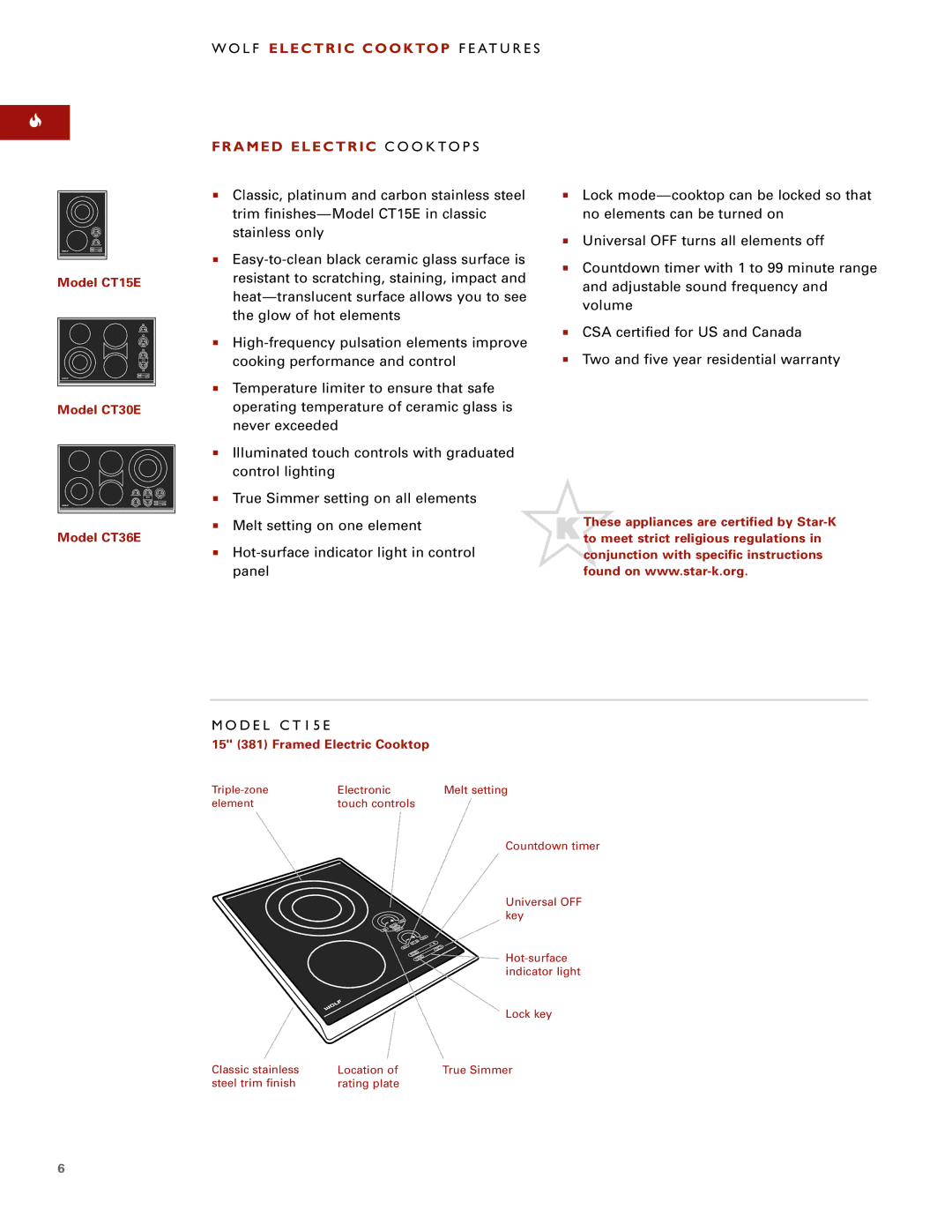 Wolf Appliance Company CT30E, CT36EU L F Electric Cooktop F E AT U R E S, Framed Electric C O O K T O P S, Model CT15E 