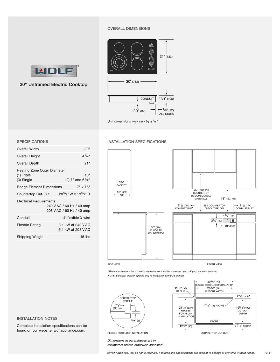 Wolf Appliance Company CT30EU manual Overall Dimensions, Specifications, Installation Notes, Unframed Electric Cooktop 