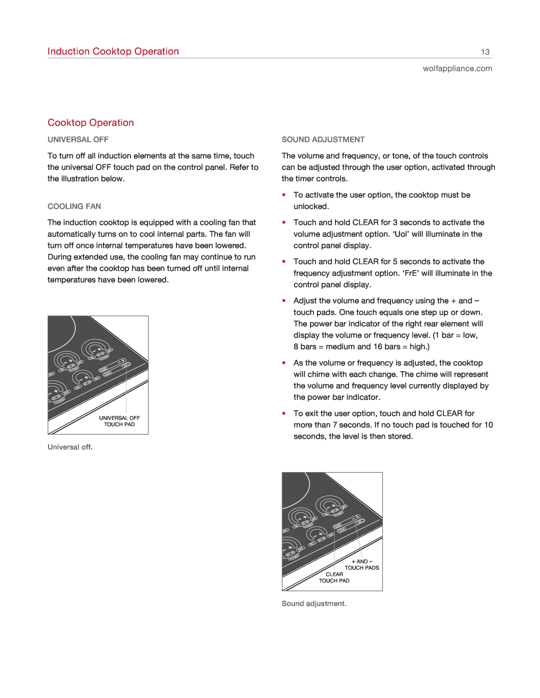 Wolf Appliance Company CT15I/S, CT30I/S manual Induction Cooktop Operation, Universal Off, Cooling Fan 