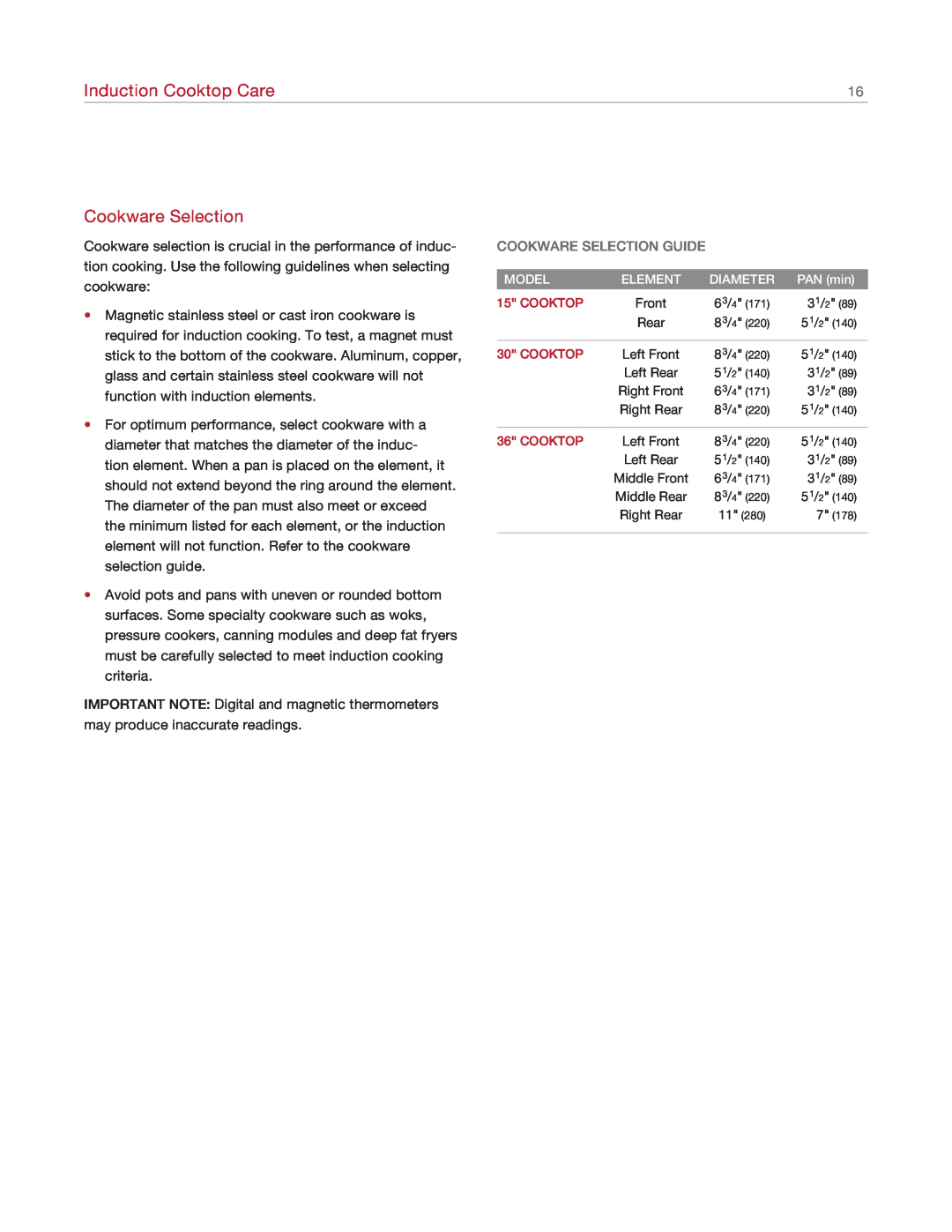 Wolf Appliance Company CT30I/S Induction Cooktop Care, Cookware Selection Guide, Model, Element, Diameter, PAN min 