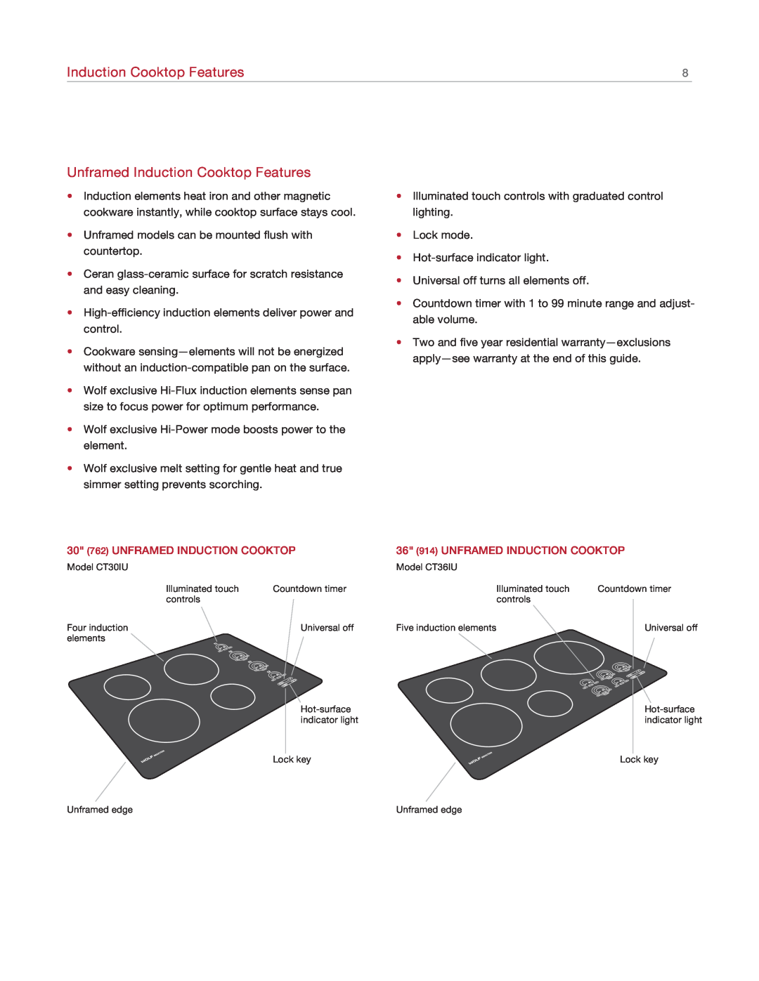 Wolf Appliance Company CT30I/S, CT15I/S manual Unframed Induction Cooktop Features, 30 762 UNFRAMED INDUCTION COOKTOP 