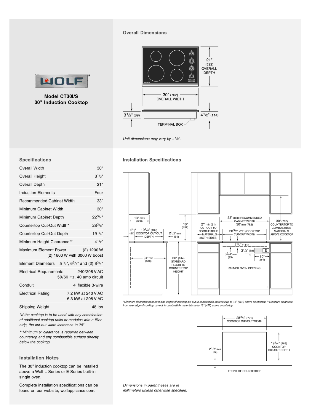 Wolf Appliance Company CT30I/S manual Overall Dimensions, Specifications Installation Specifications, Installation Notes 