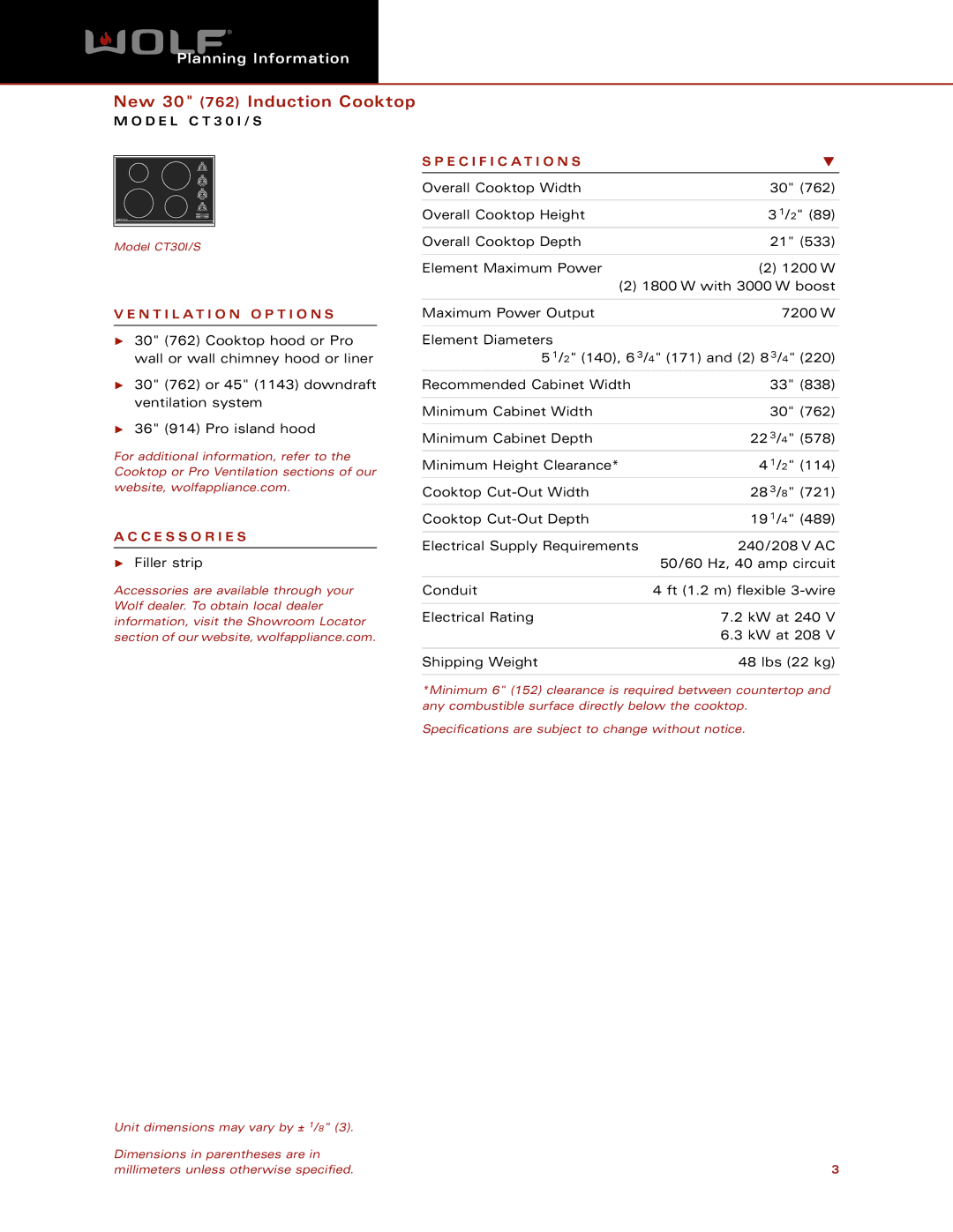 Wolf Appliance Company CT30S dimensions Specification S, N T I L a T I O N O P T I O N S, C E S S O R I E S 