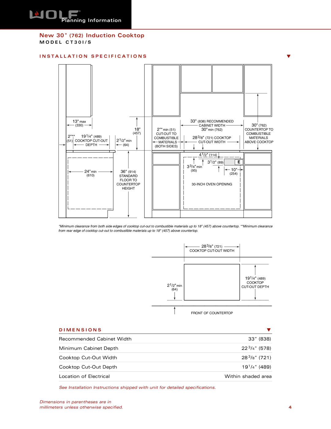 Wolf Appliance Company CT30S dimensions Installation Specification S, M E N S I O N S, 13 max, 191/4, 24min 