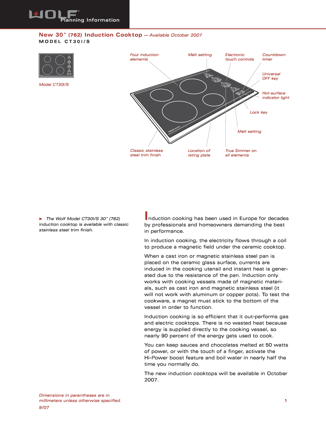 Wolf Appliance Company CT30S dimensions New 30 762 Induction Cooktop - Available October, Planning Information 