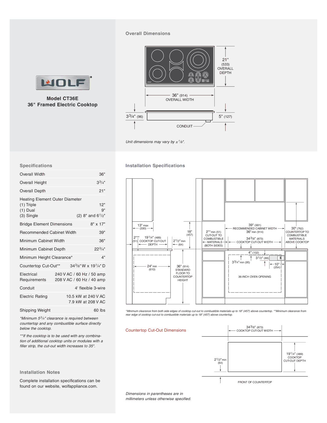 Wolf Appliance Company CT36E/P, CT36E/S Overall Dimensions, Specifications Installation Specifications, Installation Notes 