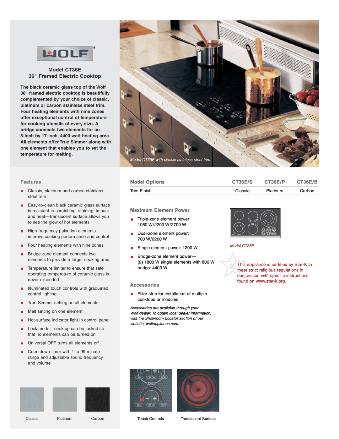 Wolf Appliance Company CT36E/S manual Framed Electric Cooktop, Features, Maximum Element Power, Accessories 