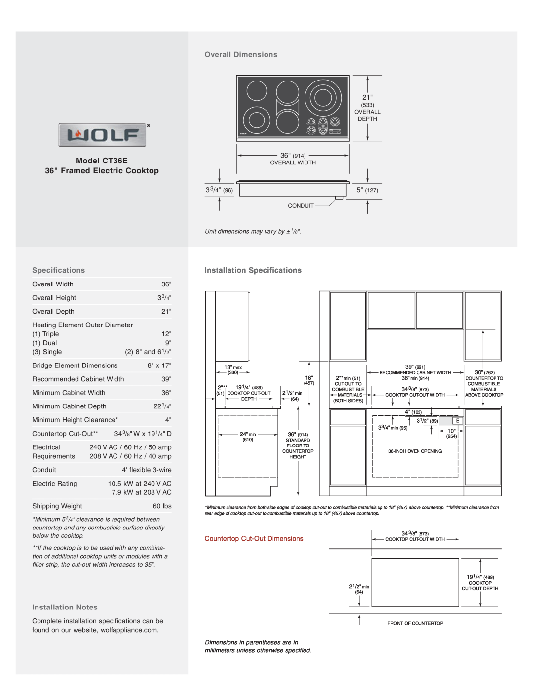 Wolf Appliance Company CT36E/P, CT36E/S, CT36E/B Overall Dimensions, Installation Specifications, Installation Notes 