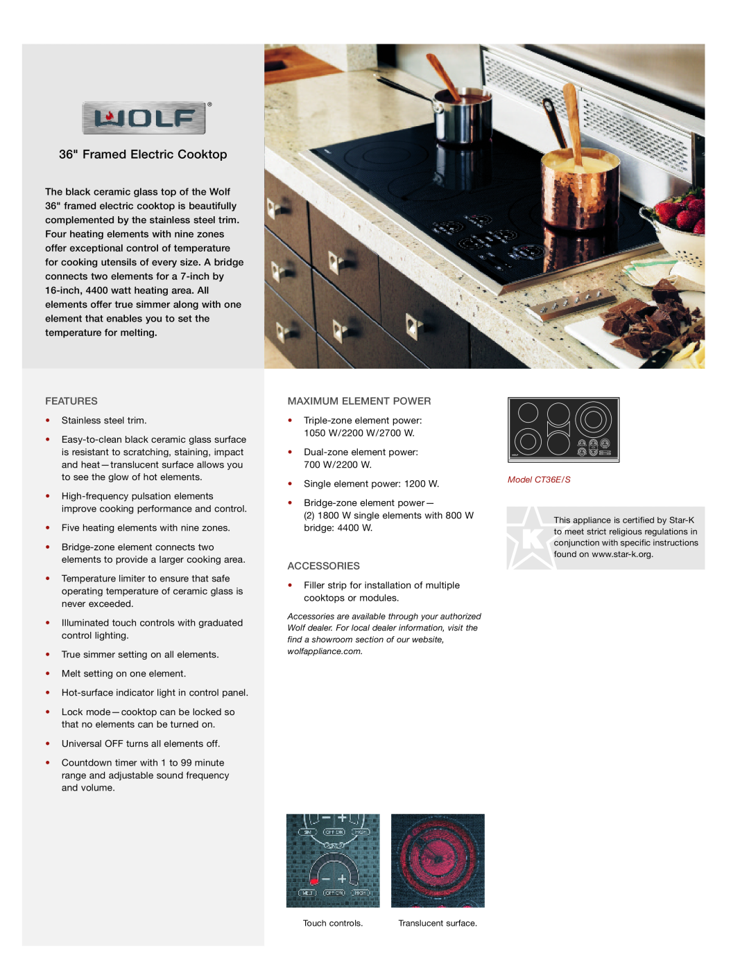 Wolf Appliance Company CT36E/S manual Framed Electric Cooktop, Features, Maximum Element Power, Accessories 
