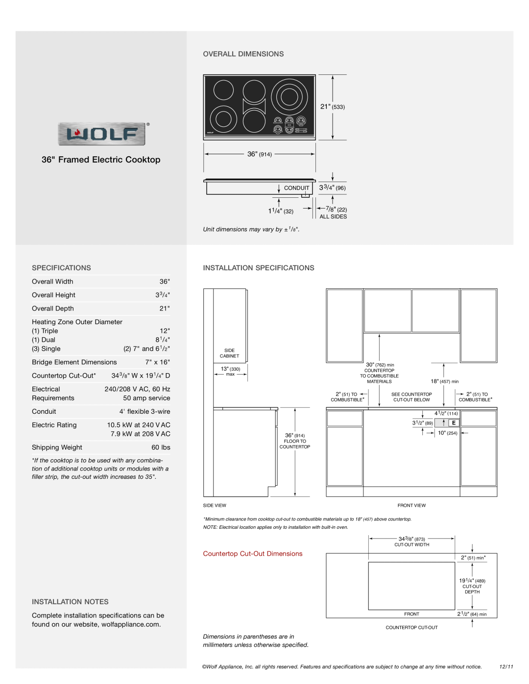 Wolf Appliance Company CT36E/S manual Overall Dimensions, Installation Specifications, Installation Notes 