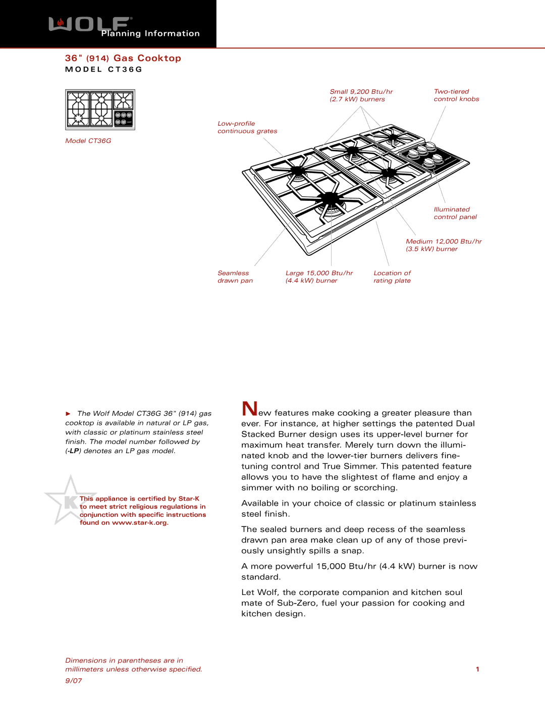 Wolf Appliance Company CT36G dimensions 36 914 Gas Cooktop 