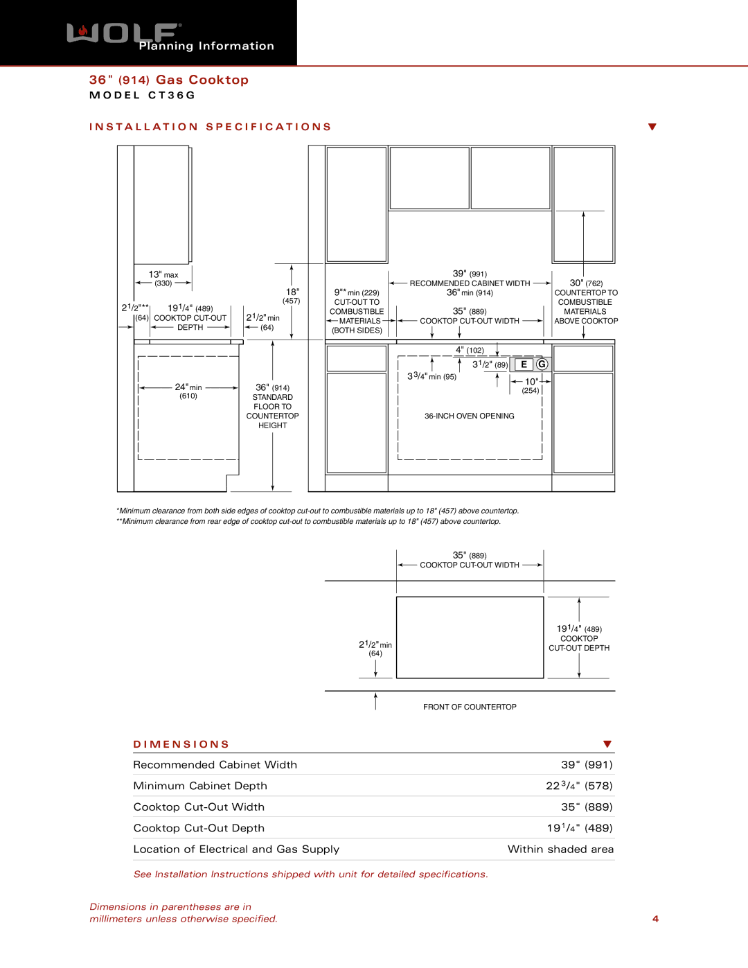 Wolf Appliance Company CT36G dimensions Installation Specification S, M E N S I O N S, 13 max, 21/2, 24min 