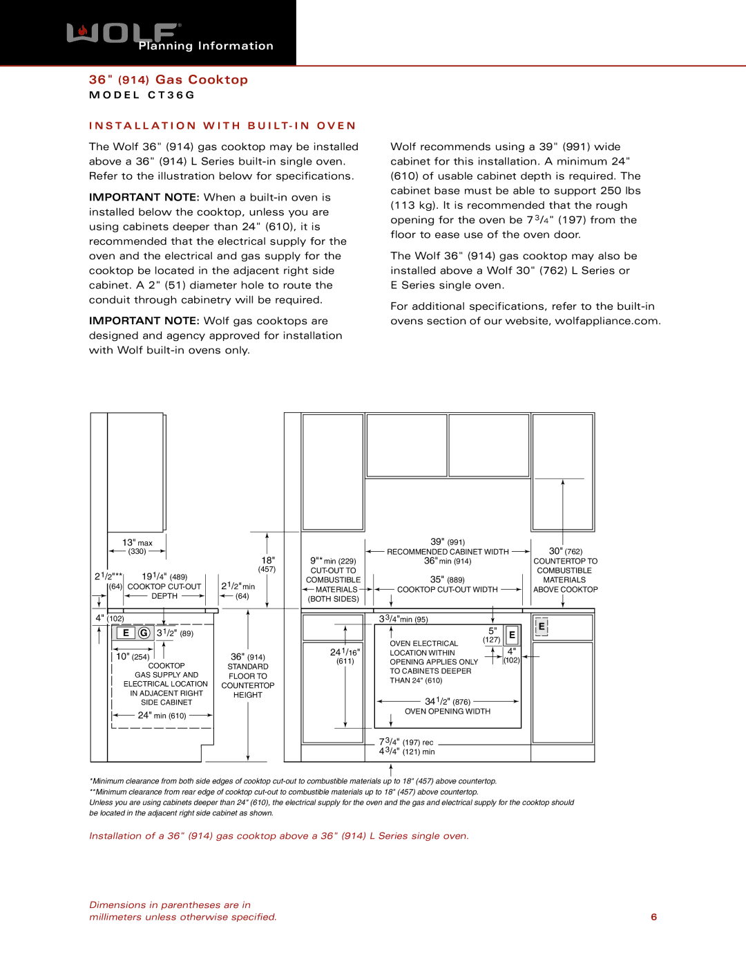 Wolf Appliance Company CT36G dimensions Installation W I T H B U I LT- I N O V E N, 241/16 