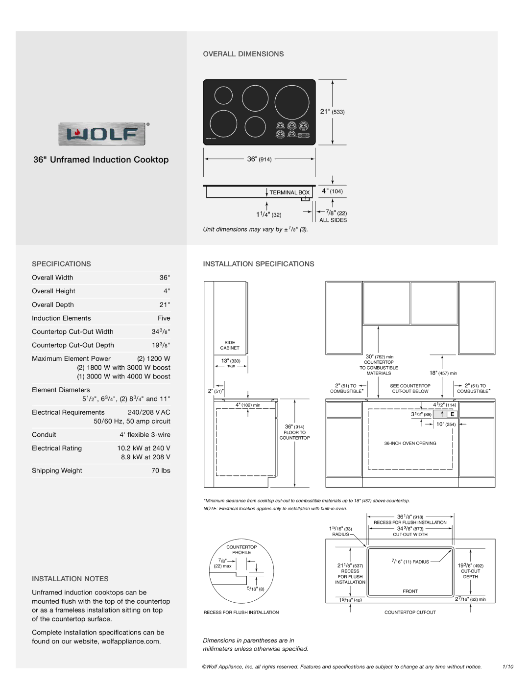 Wolf Appliance Company CT36IU manual Overall Dimensions, Installation Specifications, Installation Notes 