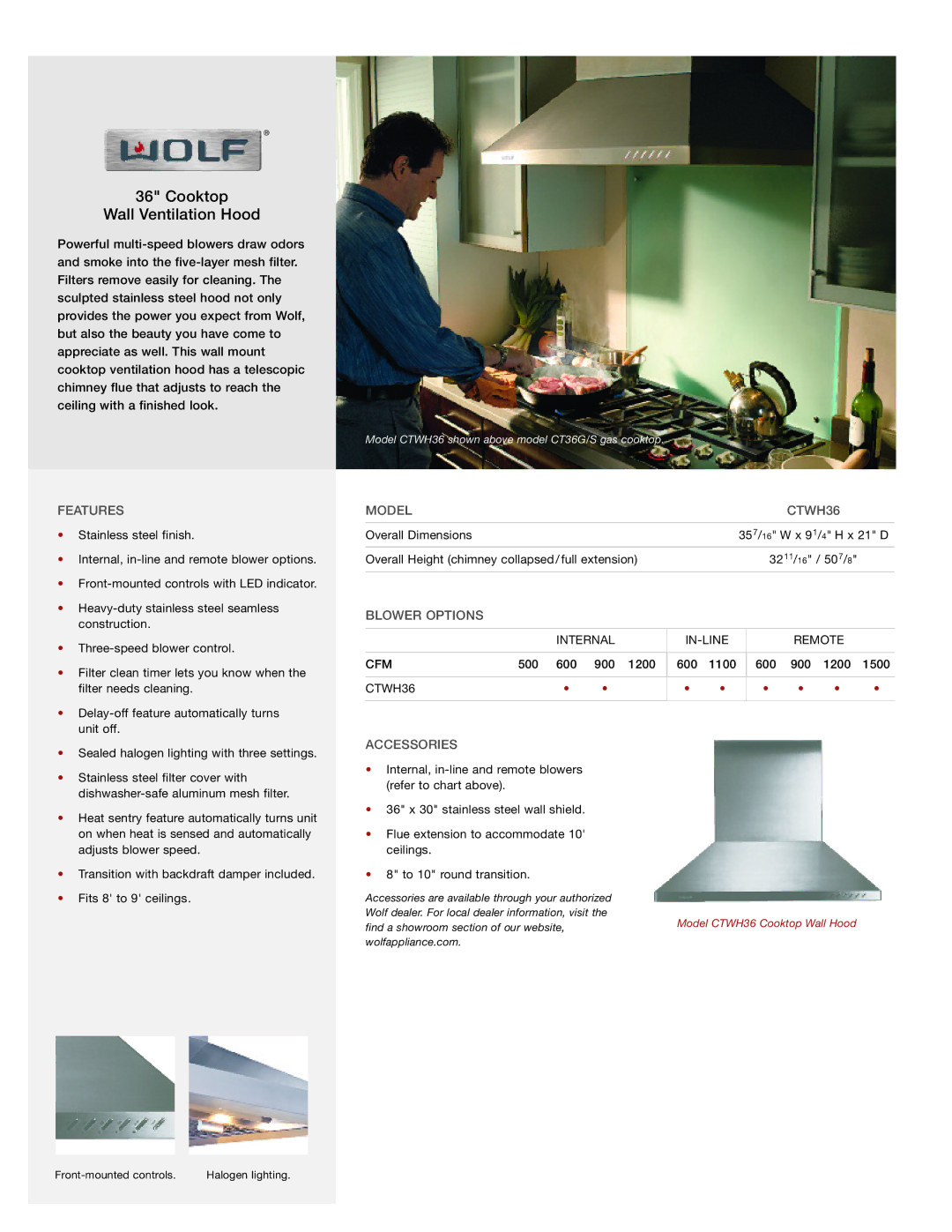 Wolf Appliance Company dimensions Cooktop Wall Ventilation Hood, Features, Model CTWH36, Blower Options, Accessories 