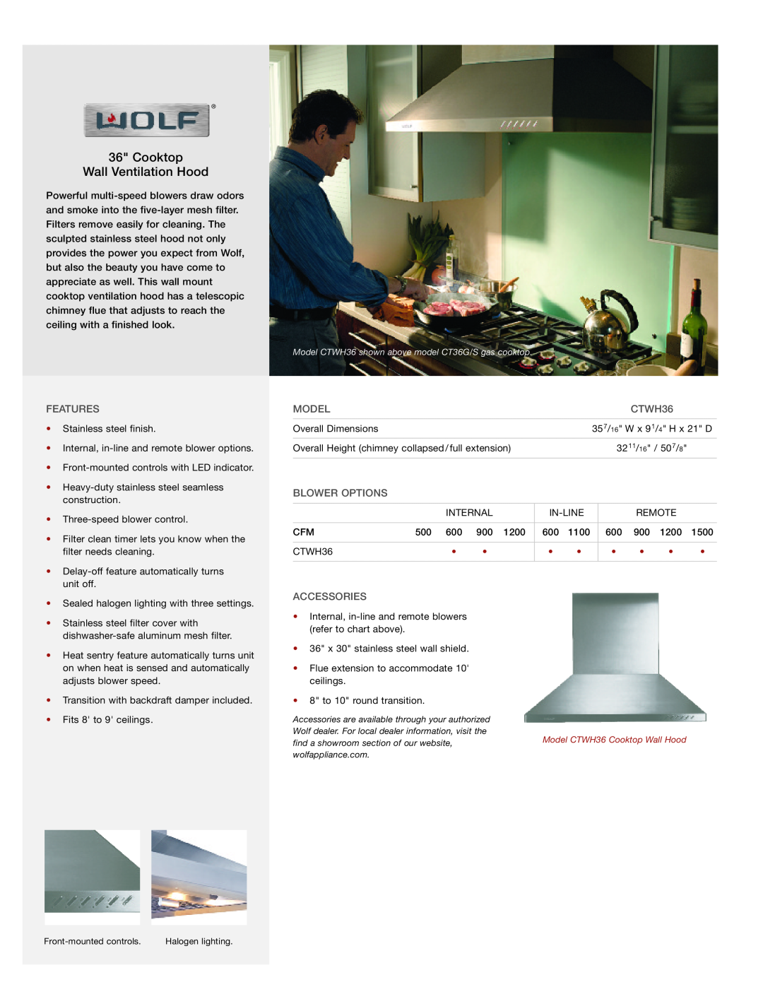 Wolf Appliance Company CTWH36 dimensions Cooktop Wall Ventilation Hood, Features, Model, Blower Options, Accessories 