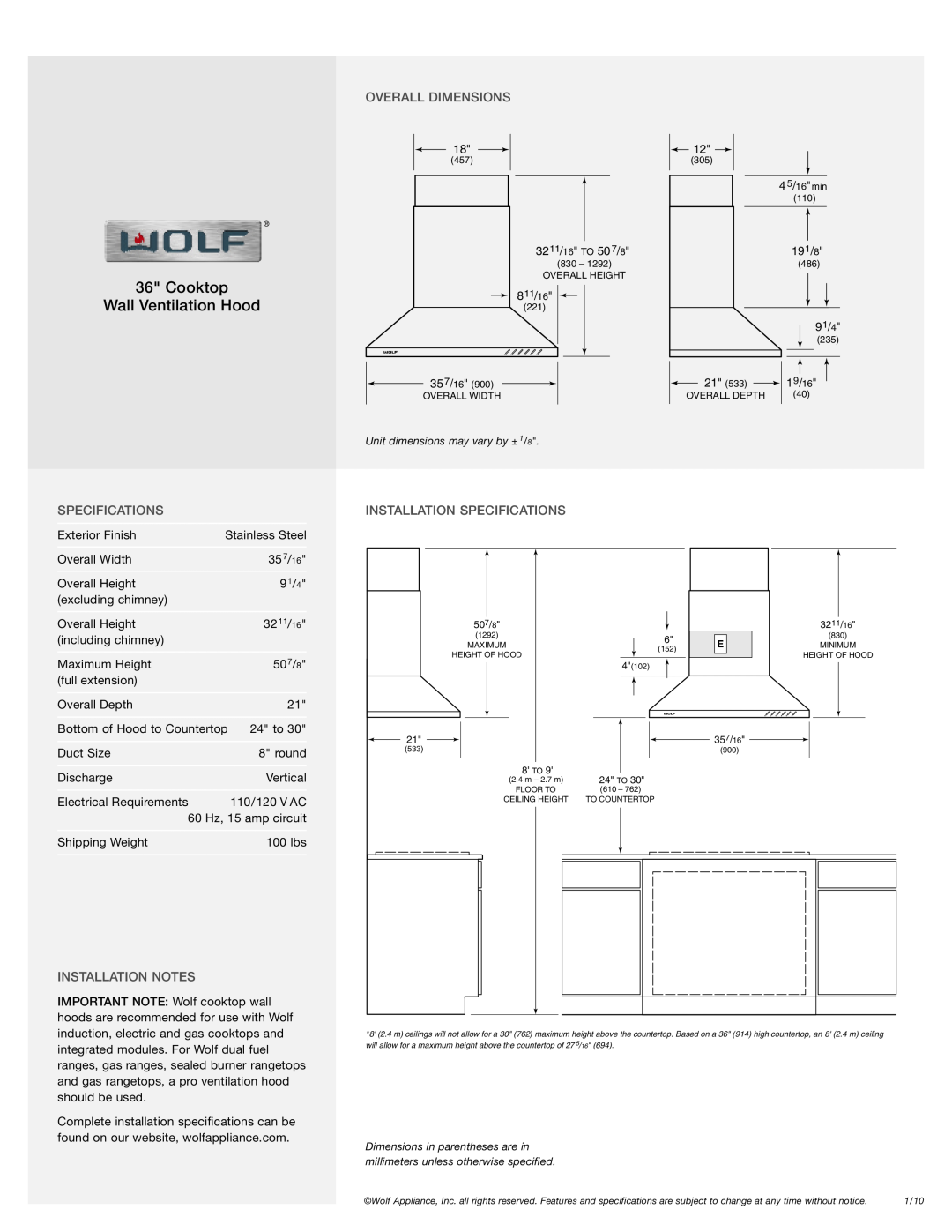 Wolf Appliance Company CTWH36 dimensions Overall Dimensions, Installation Specifications, Installation Notes 