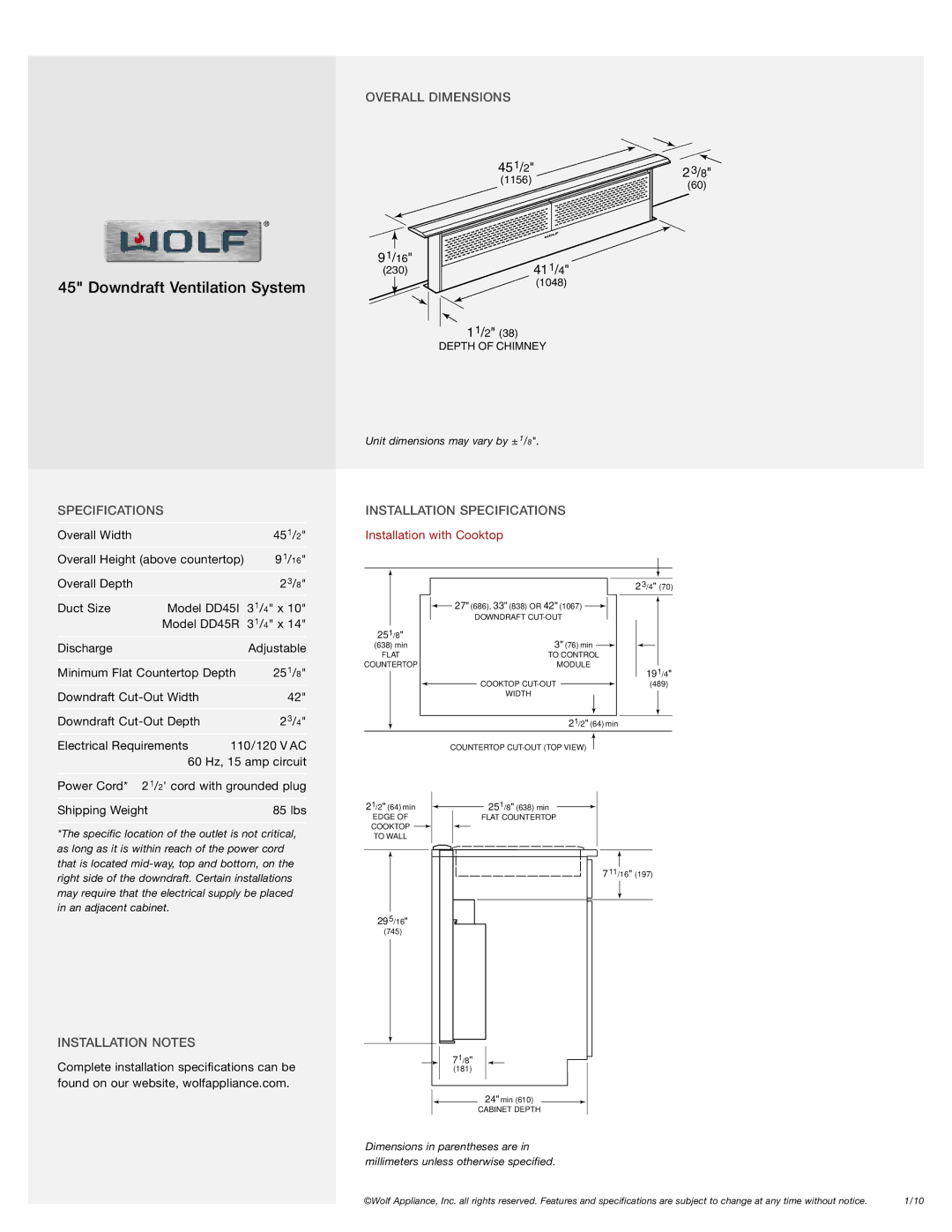 Wolf Appliance Company DD45 manual Overall Dimensions, Installation Specifications, Installation Notes 