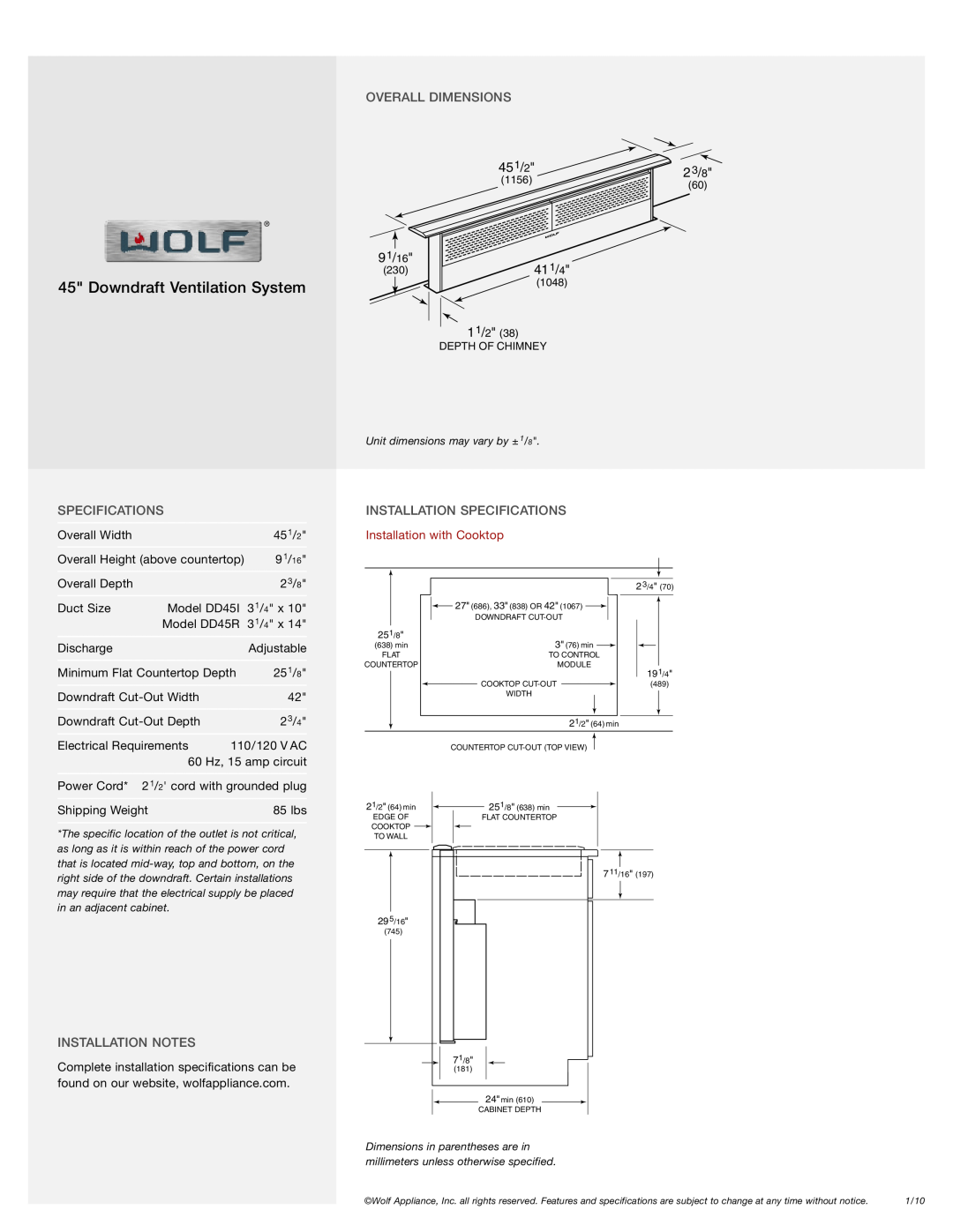 Wolf Appliance Company DD45 Overall Dimensions, Installation Specifications, Installation Notes, 451/2, 23/8, 91/16 