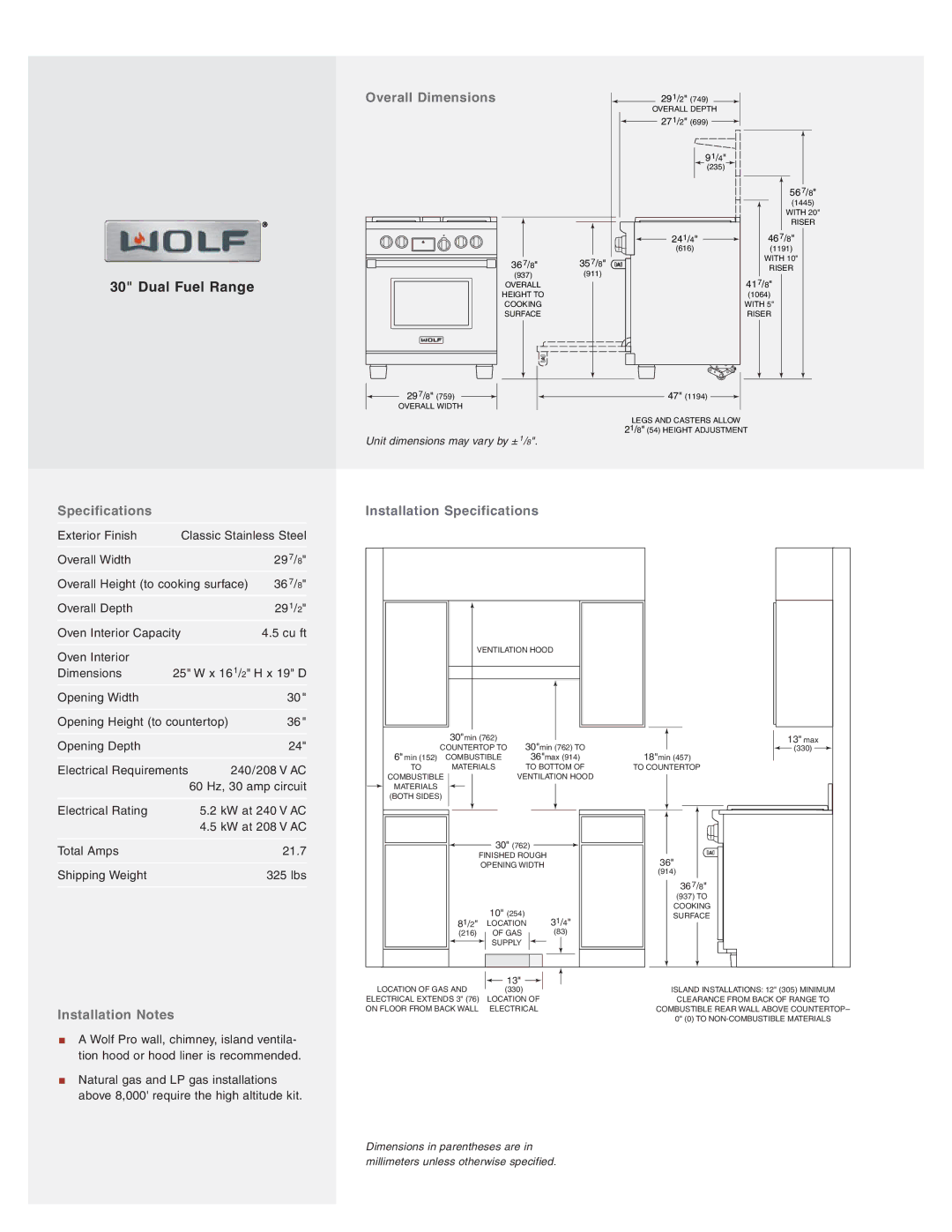 Wolf Appliance Company DF304 manual Overall Dimensions, Installation Notes, Installation Specifications 