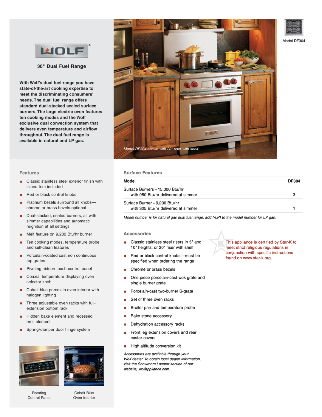 Wolf Appliance Company DF304 manual Dual Fuel Range, Surface Features, Accessories, Model 