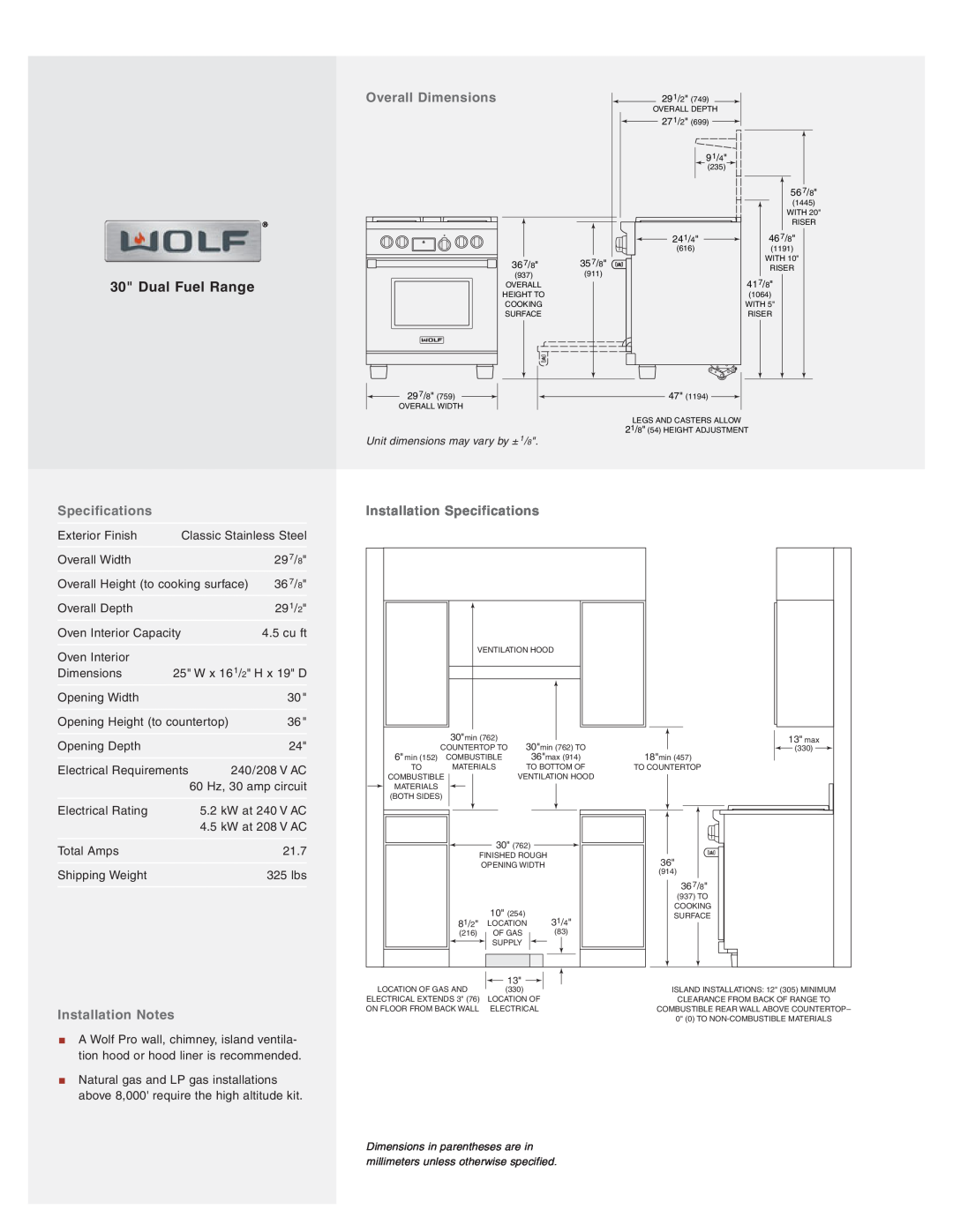 Wolf Appliance Company DF304 Overall Dimensions, Installation Notes, Installation Specifications, Dual Fuel Range 