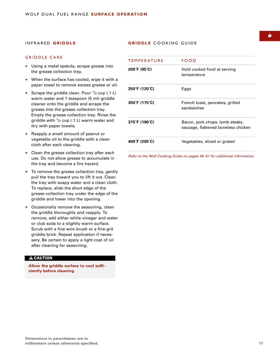 Wolf Appliance Company DF484CG manual 200˚F 95˚C, 250˚F 120˚C, 350˚F 175˚C, 375˚F 190˚C, 400˚F 205˚C 