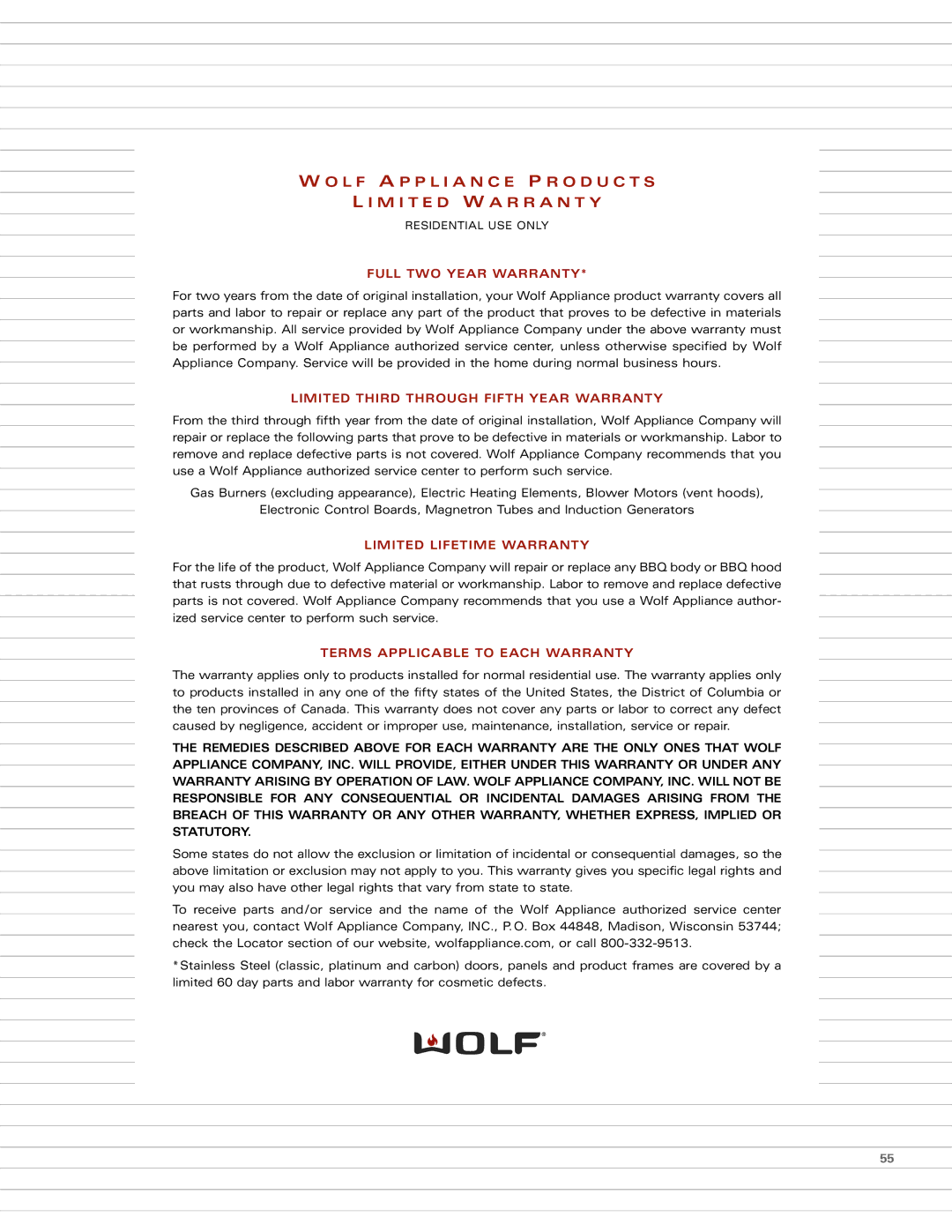 Wolf Appliance Company DF484CG manual Full TWO Year Warranty 
