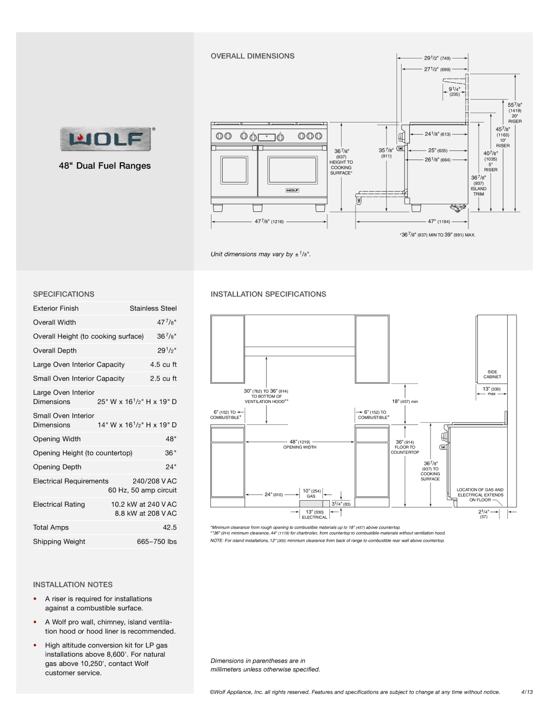 Wolf Appliance Company DF484F, DF486G, DF484CG manual Overall Dimensions, Installation Specifications, Installation Notes 