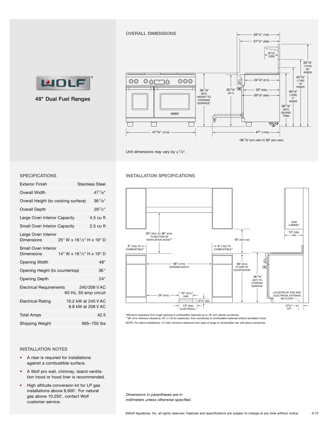 Wolf Appliance Company DF484F Overall Dimensions, Installation Specifications, Installation Notes, Dual Fuel Ranges 