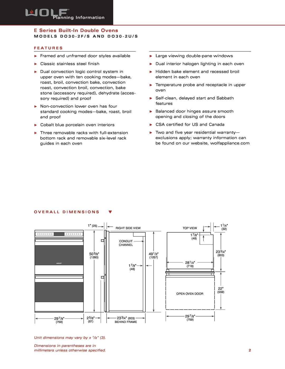 Wolf Appliance Company DO30-2U, DO30-2F, DO30-2S E Series Built-In Double Ovens, Planning Information, F E A T U R E S 