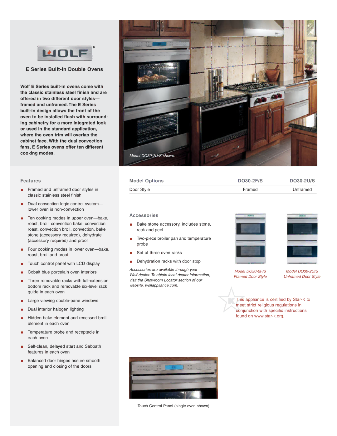 Wolf Appliance Company manual Series Built-In Double Ovens, Features, Model Options DO30-2F/S DO30-2U/S, Accessories 