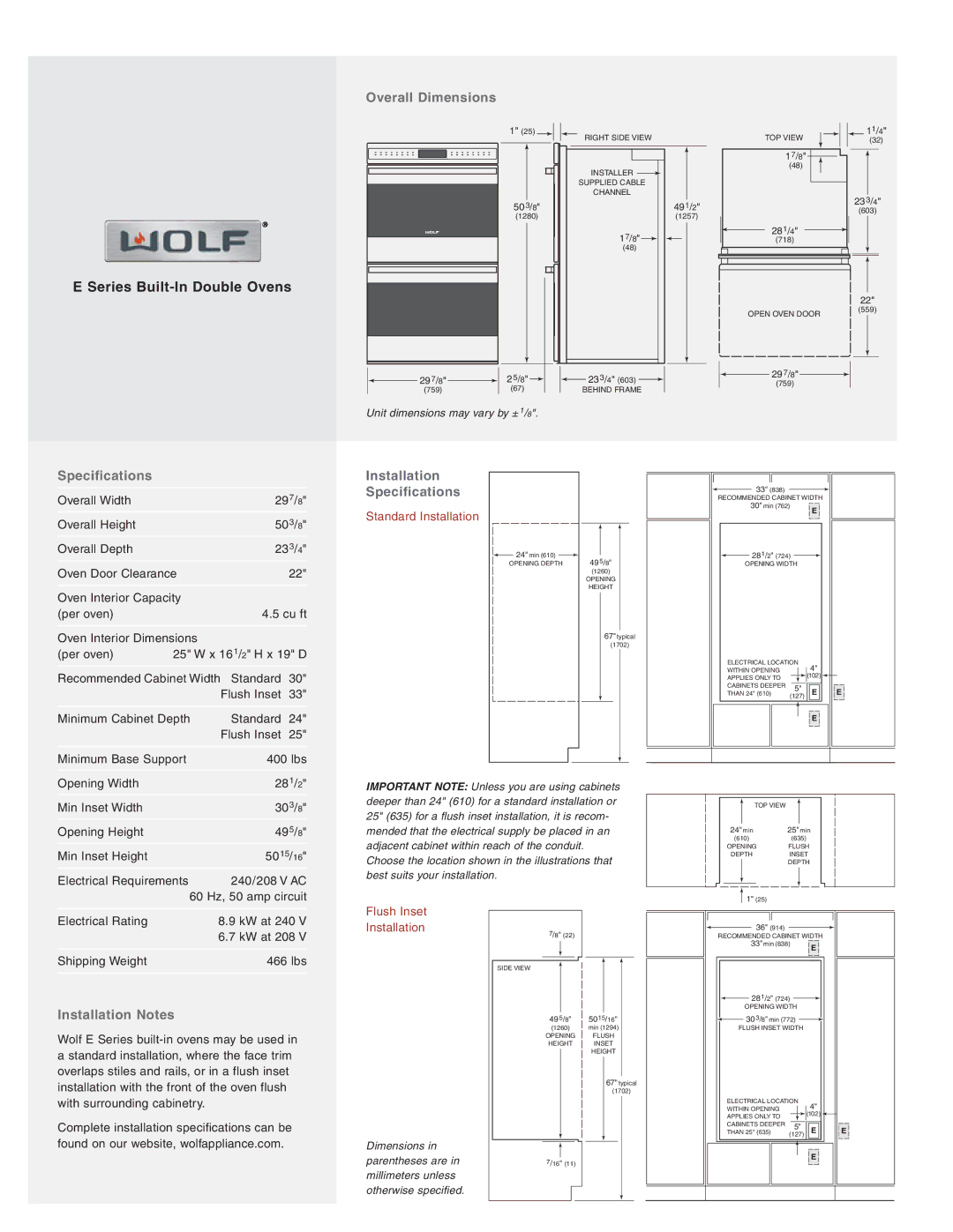 Wolf Appliance Company DO30-2F/S, DO30-2U/S manual Overall Dimensions, Installation Specifications, Installation Notes 