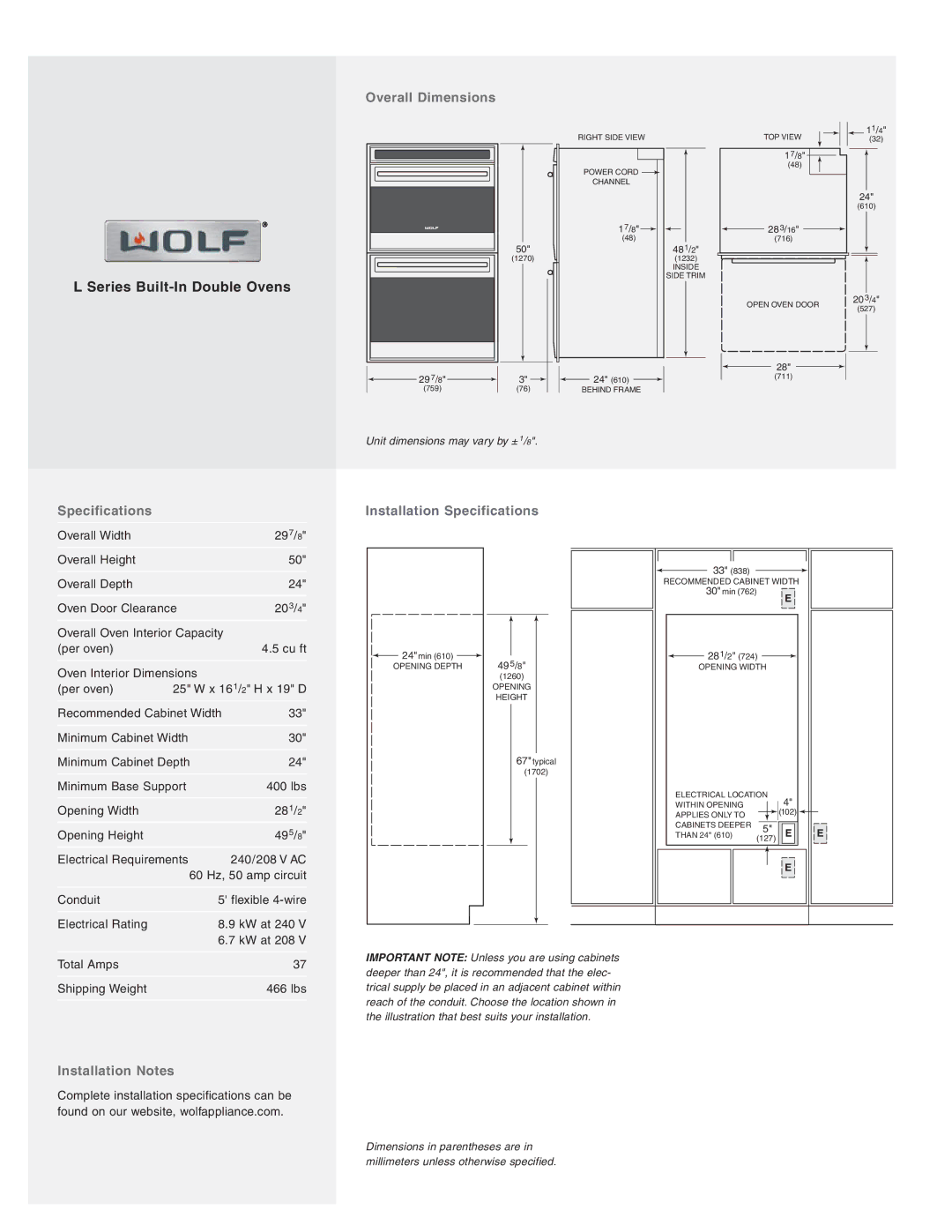 Wolf Appliance Company DO30U/B, DO30U/S, DO30F/S Overall Dimensions, Installation Specifications, Installation Notes 