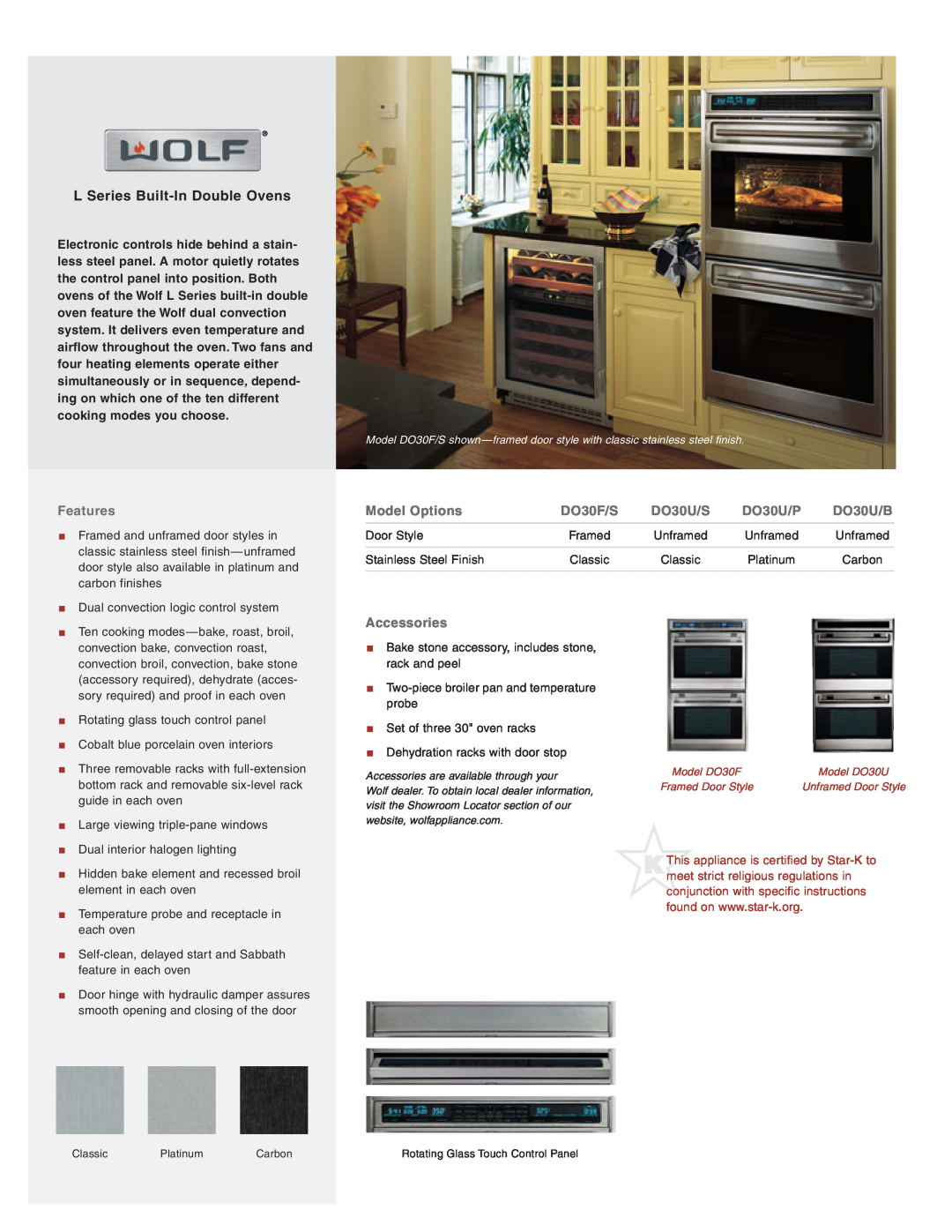 Wolf Appliance Company DO30F/S manual L Series Built-In Double Ovens, Features, Model Options, DO30U/S, Accessories 