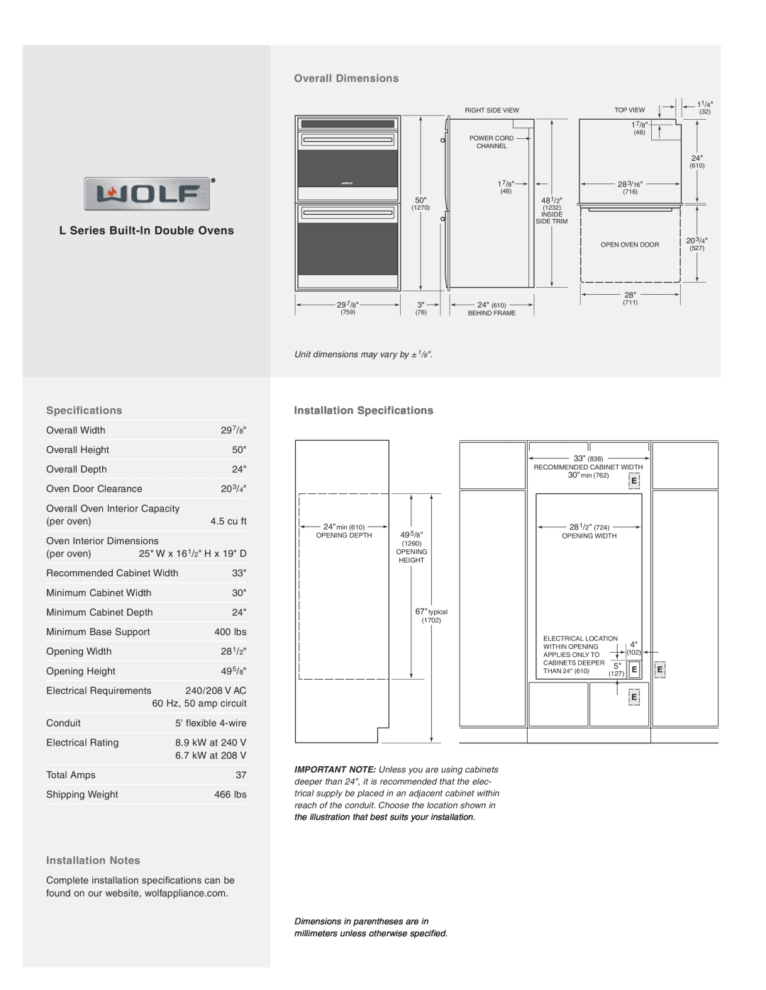 Wolf Appliance Company DO30U/B, DO30U/S, DO30F/S Overall Dimensions, Installation Specifications, Installation Notes 