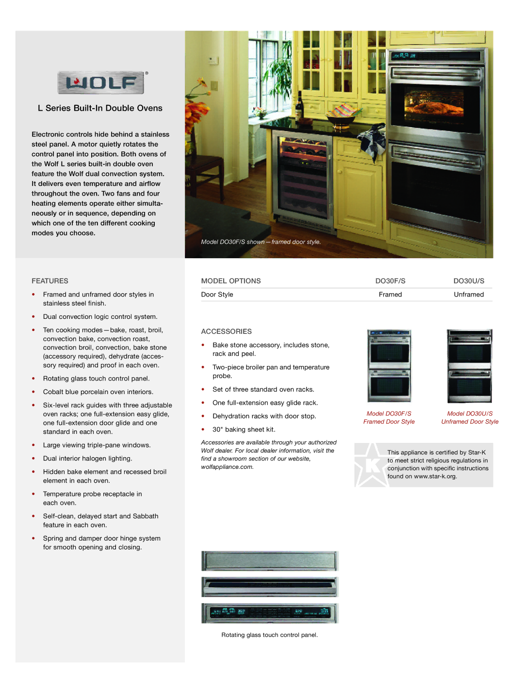 Wolf Appliance Company manual Series Built-In Double Ovens, Features, Model Options DO30F/S DO30U/S, Accessories 