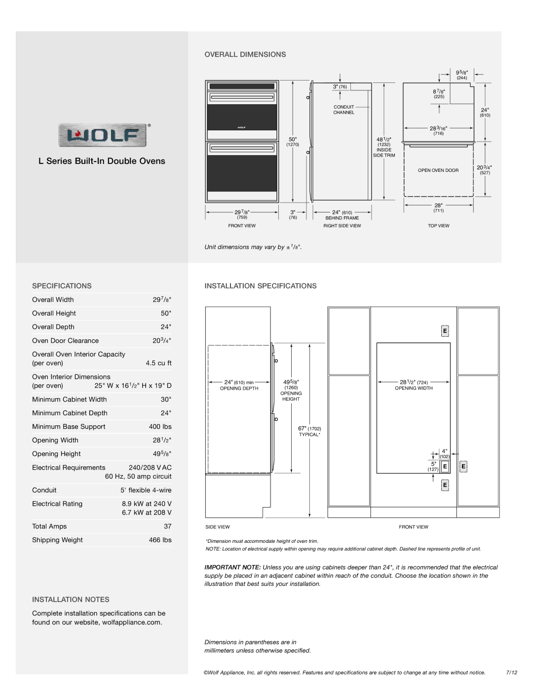 Wolf Appliance Company DO30U/S, DO30F/S Overall Dimensions, Specifications Installation Specifications, Installation Notes 