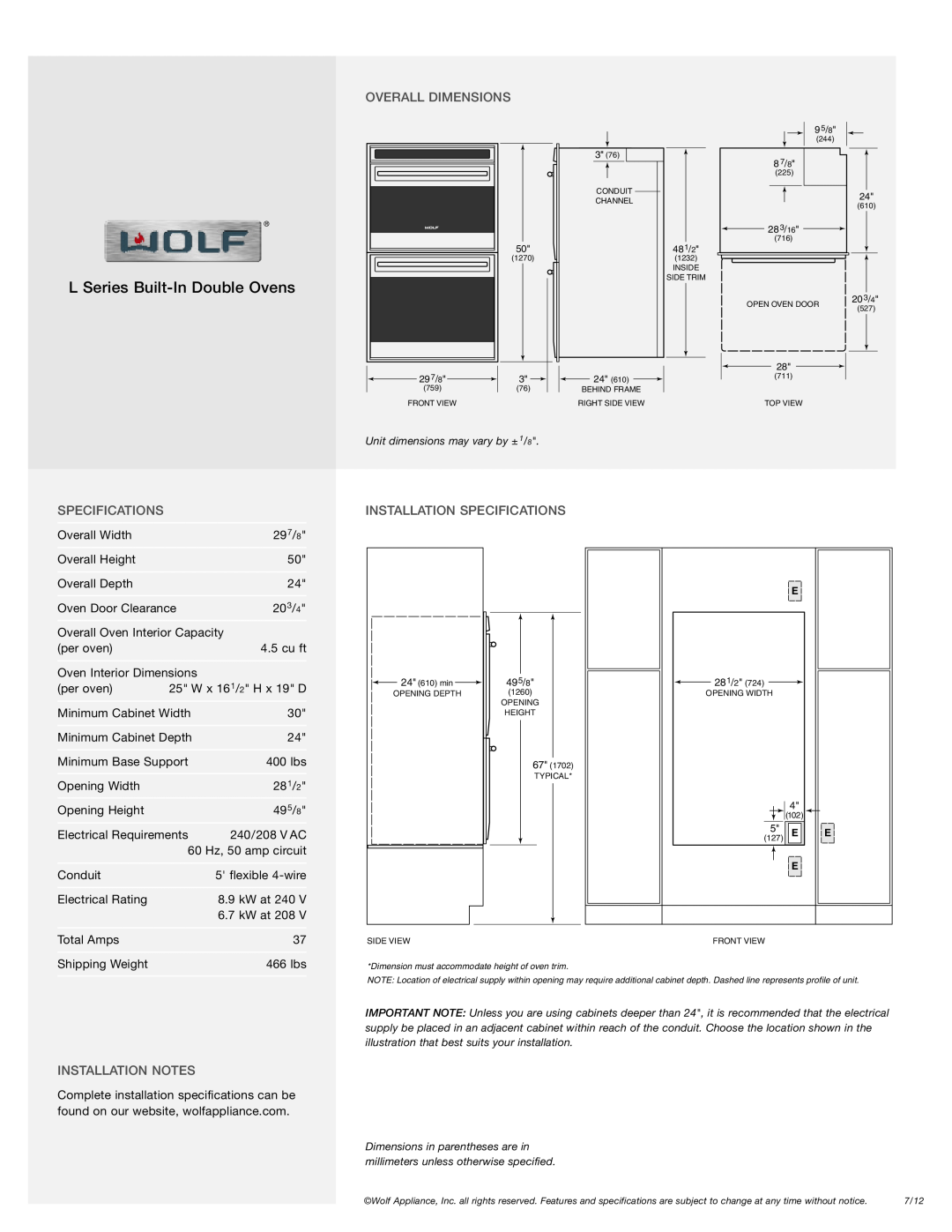 Wolf Appliance Company DO30U/S, DO30F/S manual Overall Dimensions, Installation Specifications, Installation Notes 