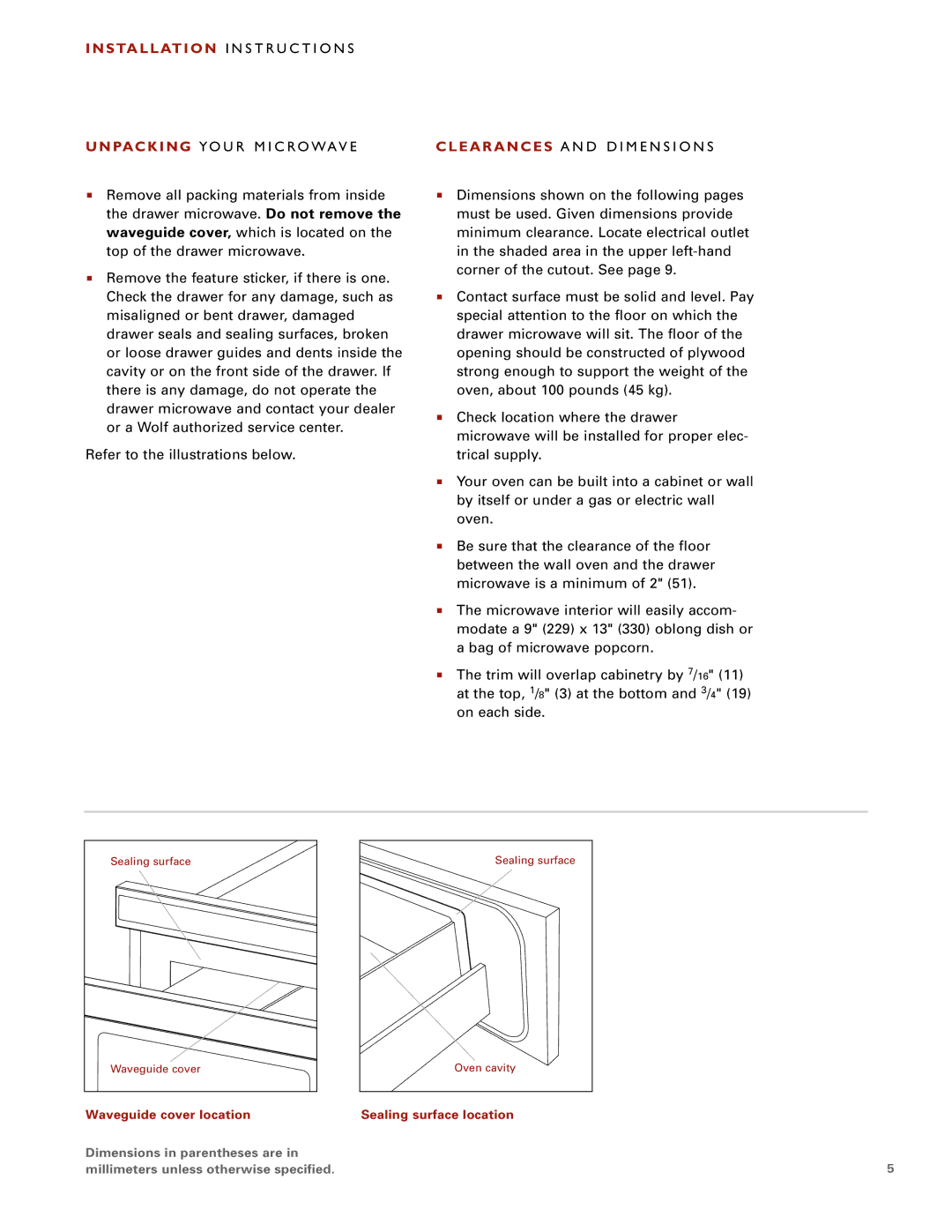 Wolf Appliance Company Drawer Microwave Clear ANC ES a N D D I ME N SI O N S, Waveguide cover location 