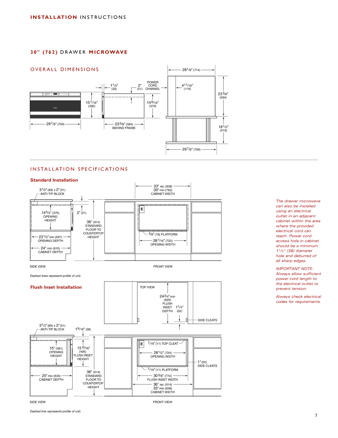 Wolf Appliance Company Instal Lati on Instr U C TIO N S, 30 7 62 Drawer Microwave, OV Erall Dime NS Ions 