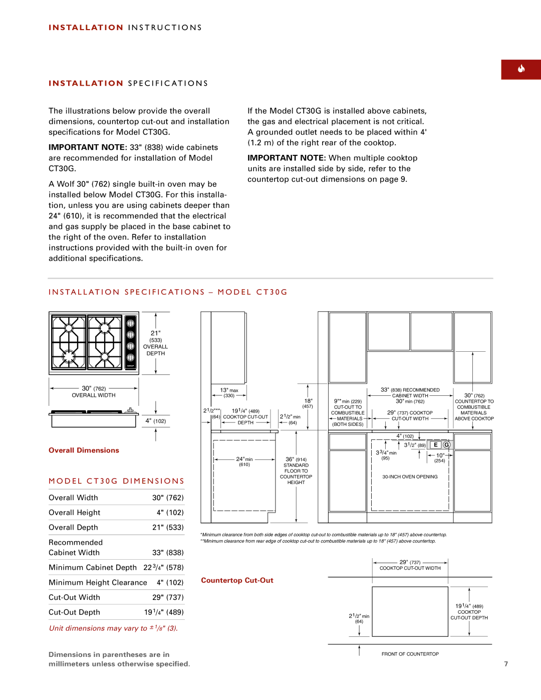 Wolf Appliance Company GAS COOK TOPS installation instructions D E L C T 3 0 G D I M E N S I O N S 