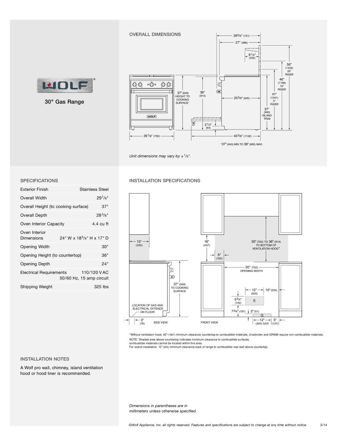 Wolf Appliance Company GR304 manual Overall Dimensions, Specifications Installation Specifications, Installation Notes 