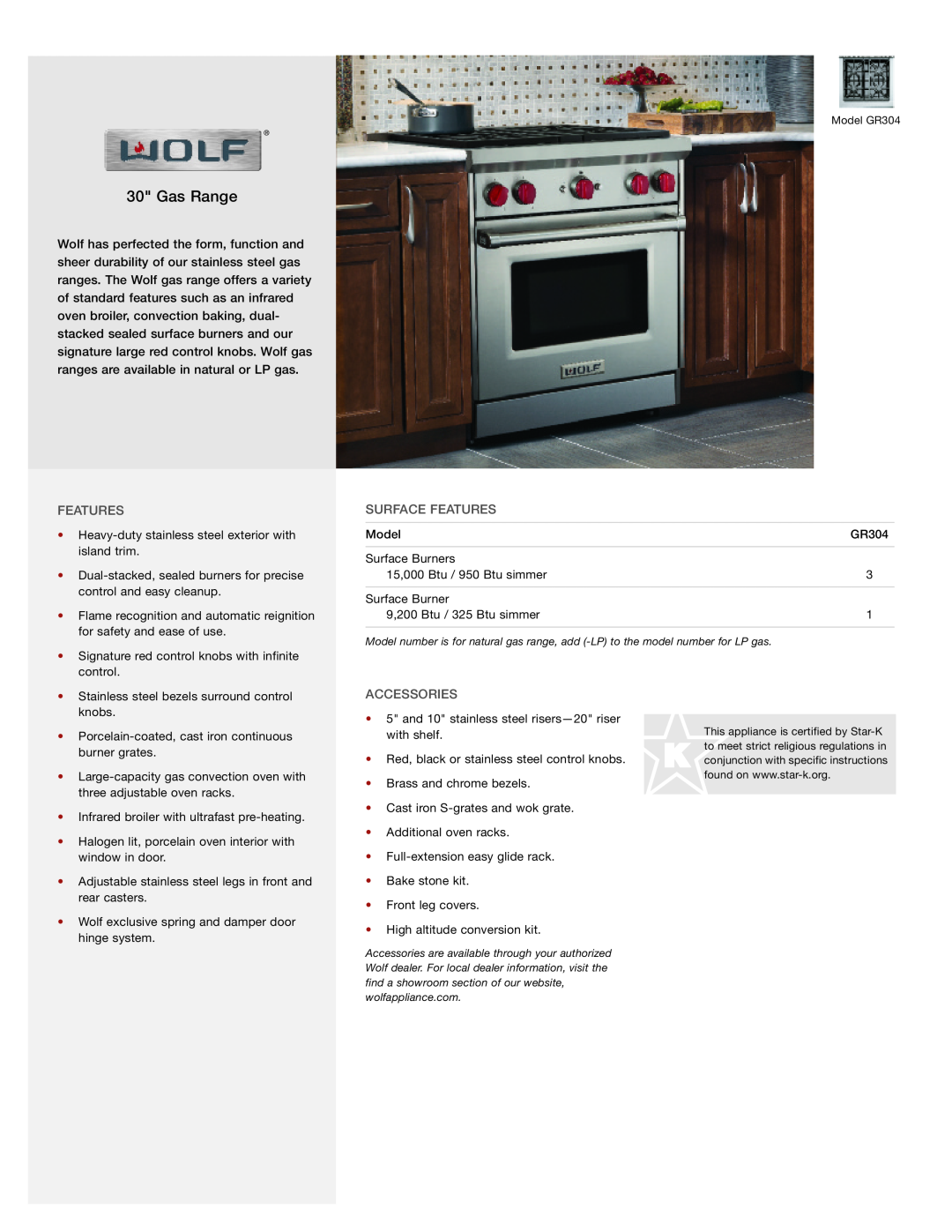 Wolf Appliance Company GR304 manual Gas Range, Surface Features, Accessories 