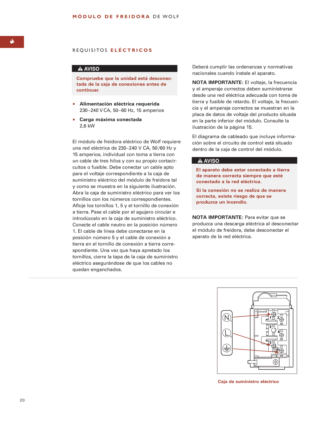 Wolf Appliance Company ICBIF15/S Q U I S I T O S E L É C T R I C O S, Alimentación eléctrica requerida 