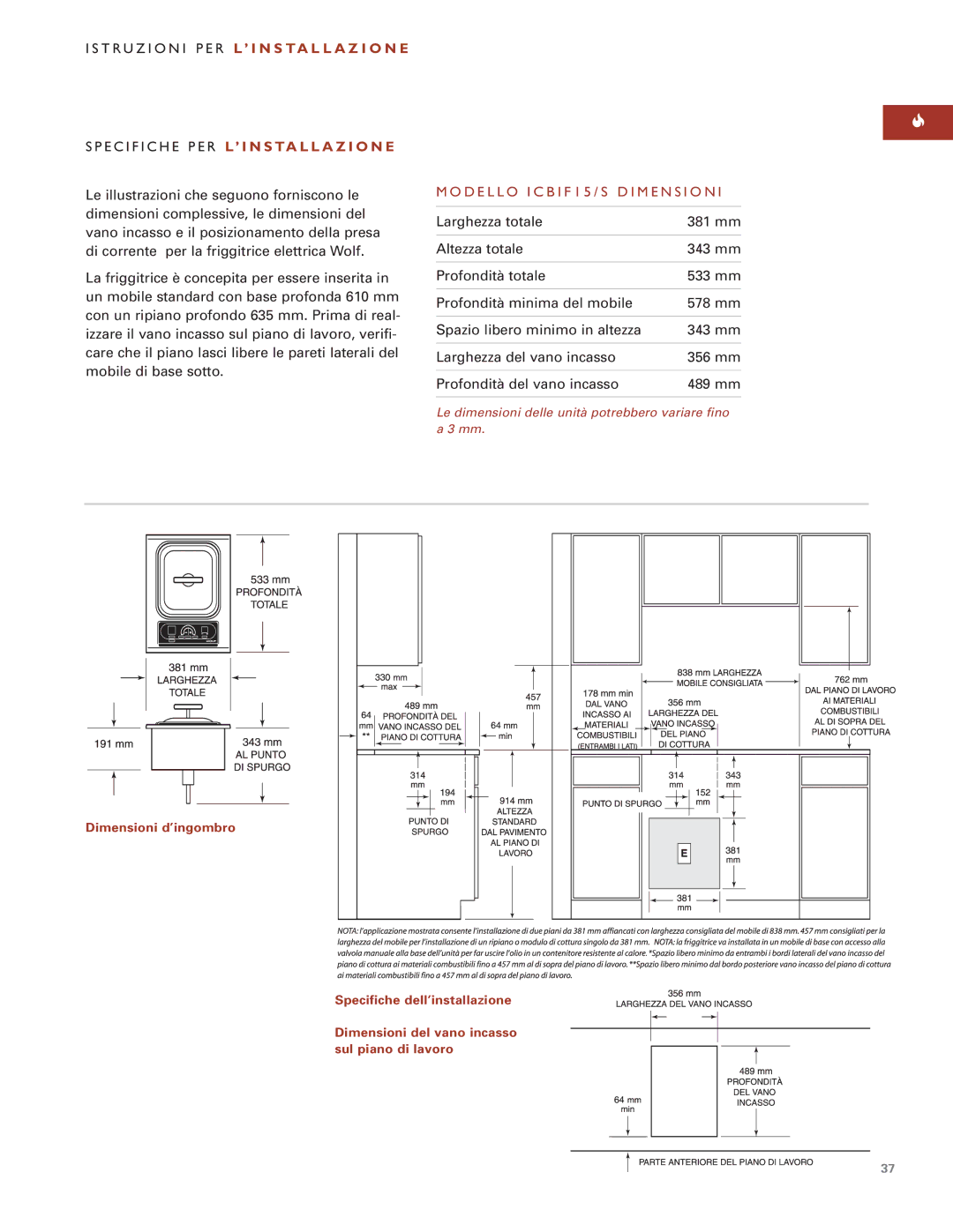 Wolf Appliance Company ICBIF15/S installation instructions D E L L O I C B I F 1 5 / S D I M E N S I O N 