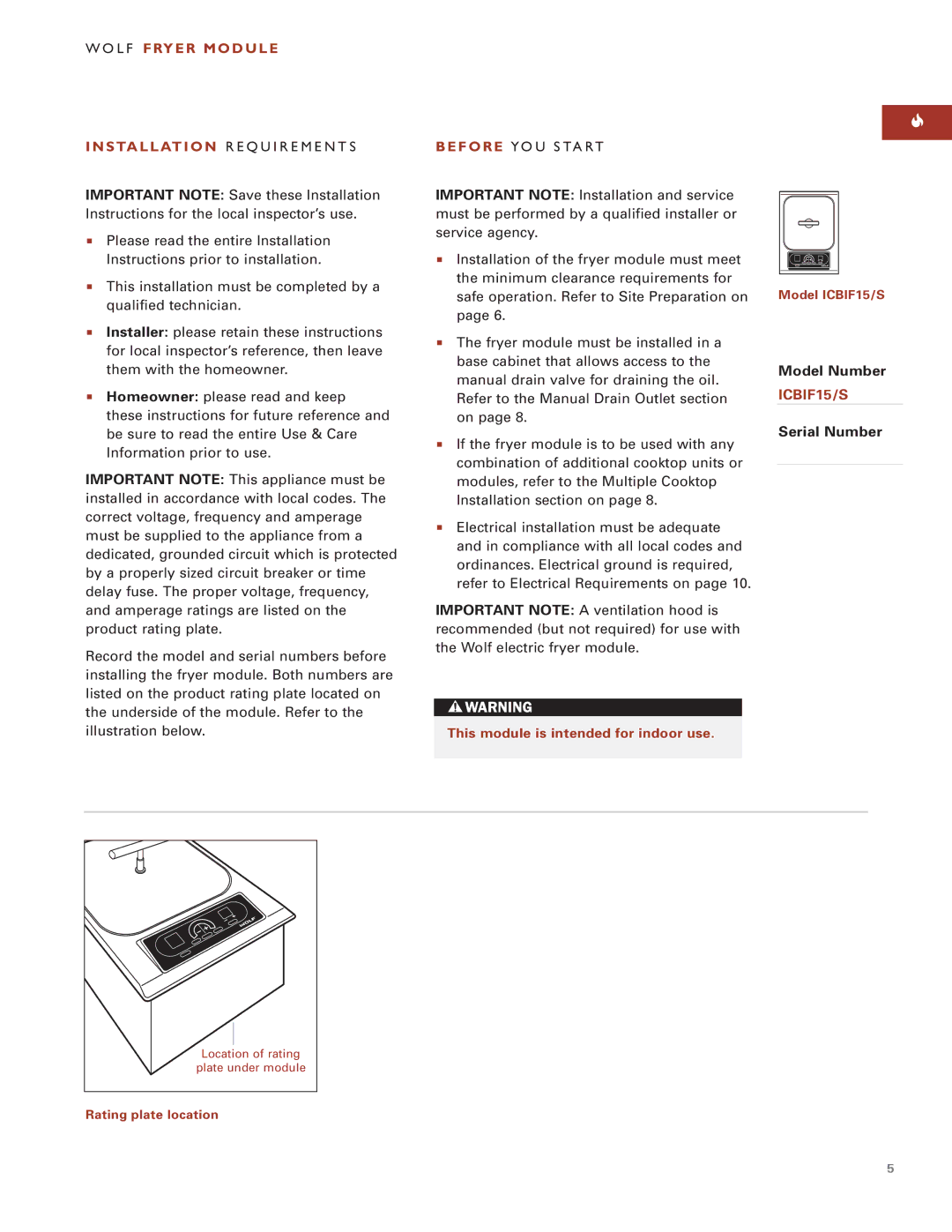 Wolf Appliance Company ICBIF15/S installation instructions L F F Ry E R M O D U L E, Model Number, Serial Number 