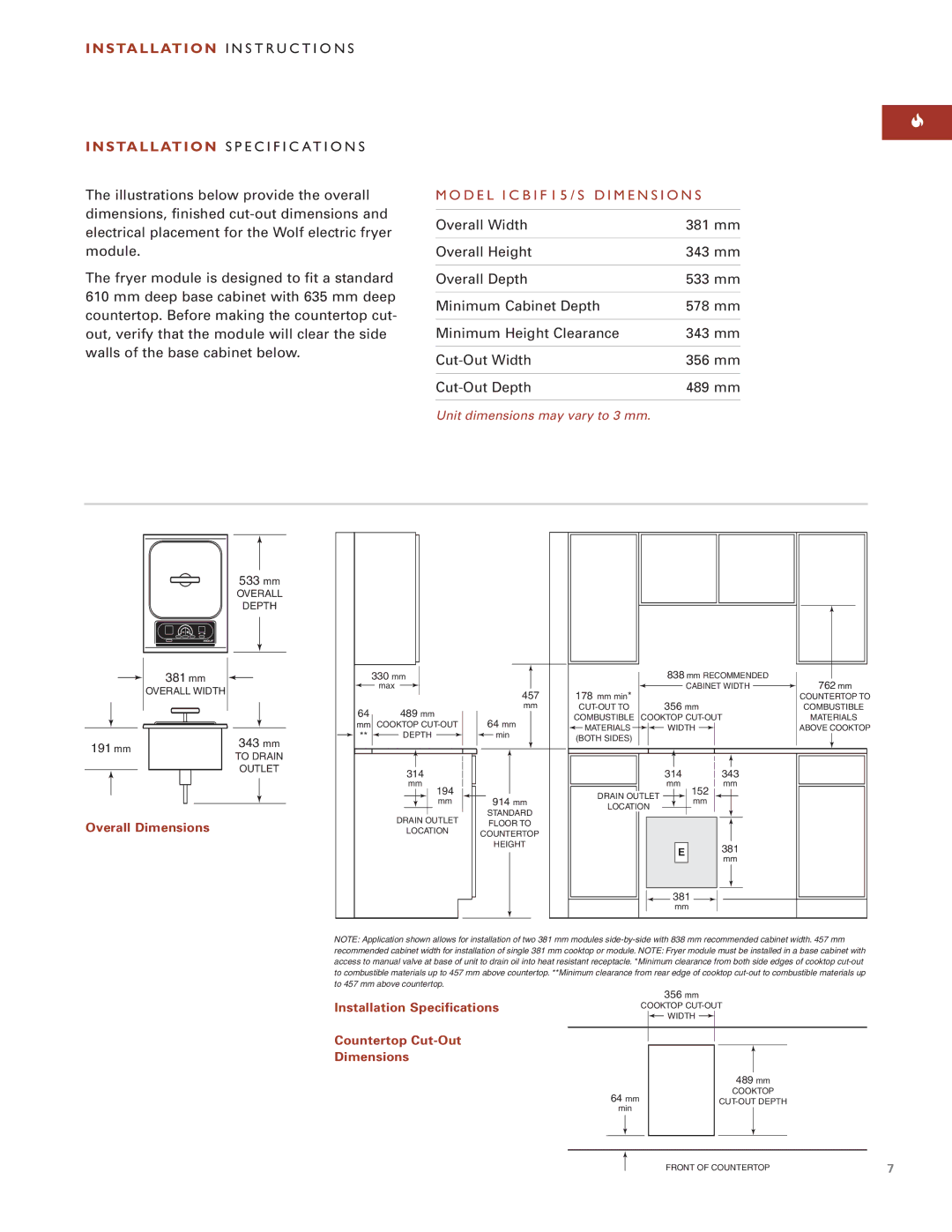 Wolf Appliance Company ICBIF15/S installation instructions D E L I C B I F 1 5 / S D I M E N S I O N S 